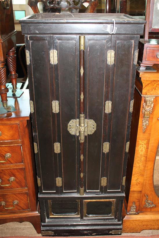 Japanese black-lacquered brass-mounted shrine cabinet containing a gilt figure of Buddha, circa 1930